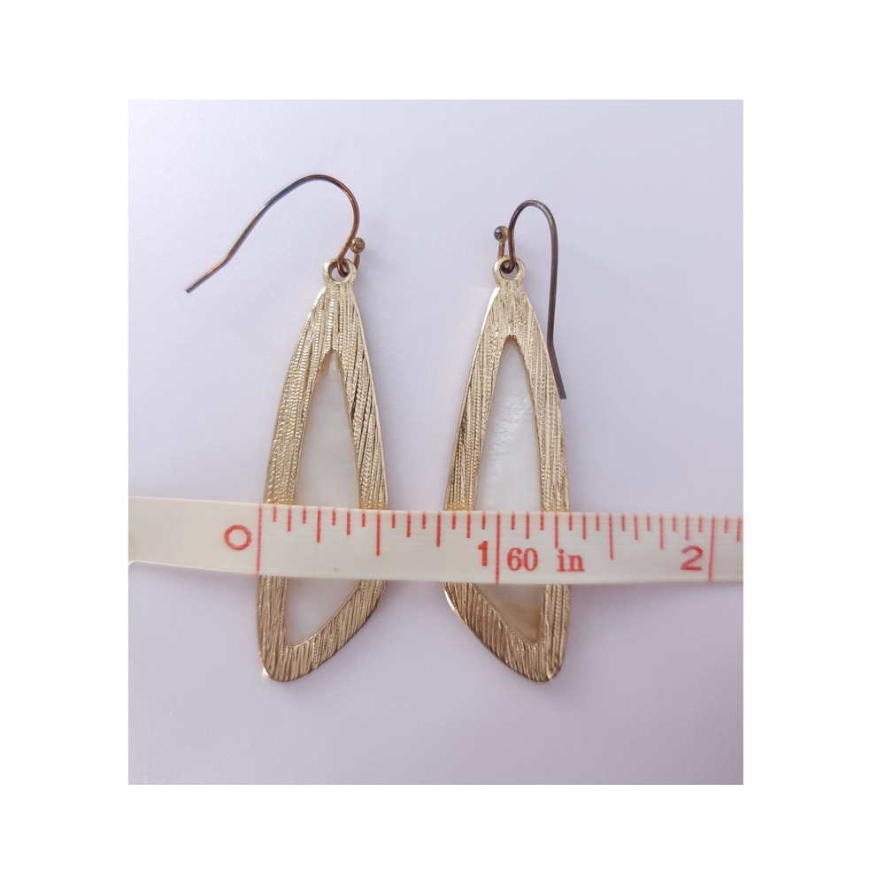 Mother of Pearl Inlay Drop Earrings White Gold Wing Minimal Boho Coastal‎ Luxury - Picture 8 of 11